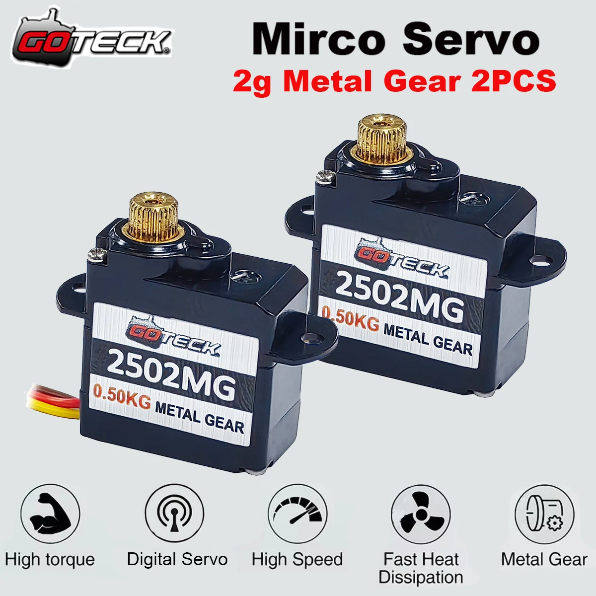 GOTECK-Mini Servo Digital de 2 piezas, 2g, 4,3g, engranaje de Metal completo, para helicóptero de ala fija RC, avión, Robot