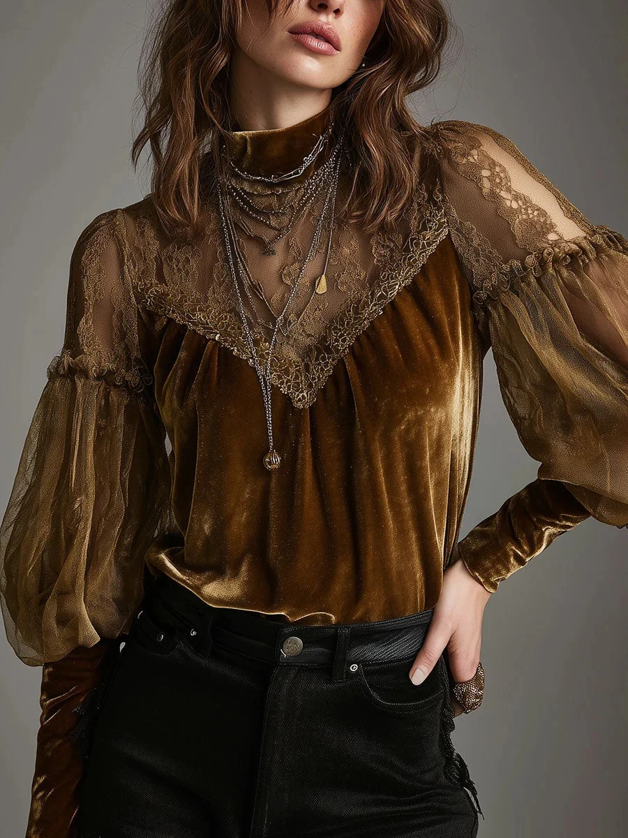 Vintage Punk Style Velvet Shirt for Women Long-sleeve Half Turtleneck Base Blouses Sexy Mesh Lady Tops