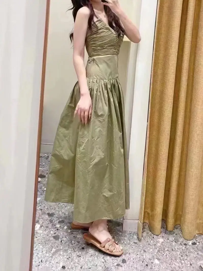 Women Green Maxi Dress Waist Hollow Out V-Neck Sleeveless Pleated Elegant Autumn 2024 Robe