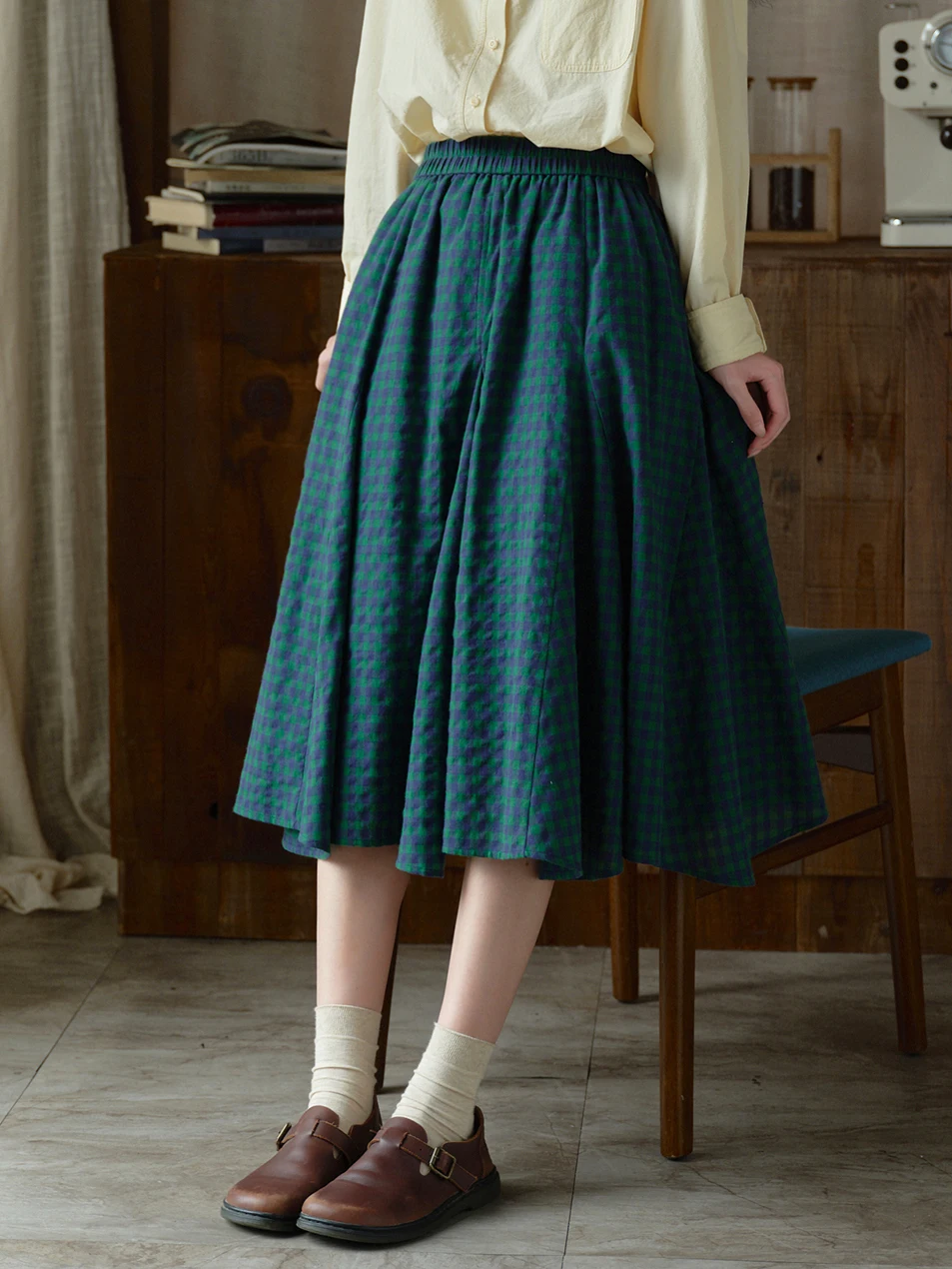 Original Cotton Linen Plaid Asymmetrical High Waist Umbrella Skirt Women's  Skirt Elegant Midi Skirt Sewing 