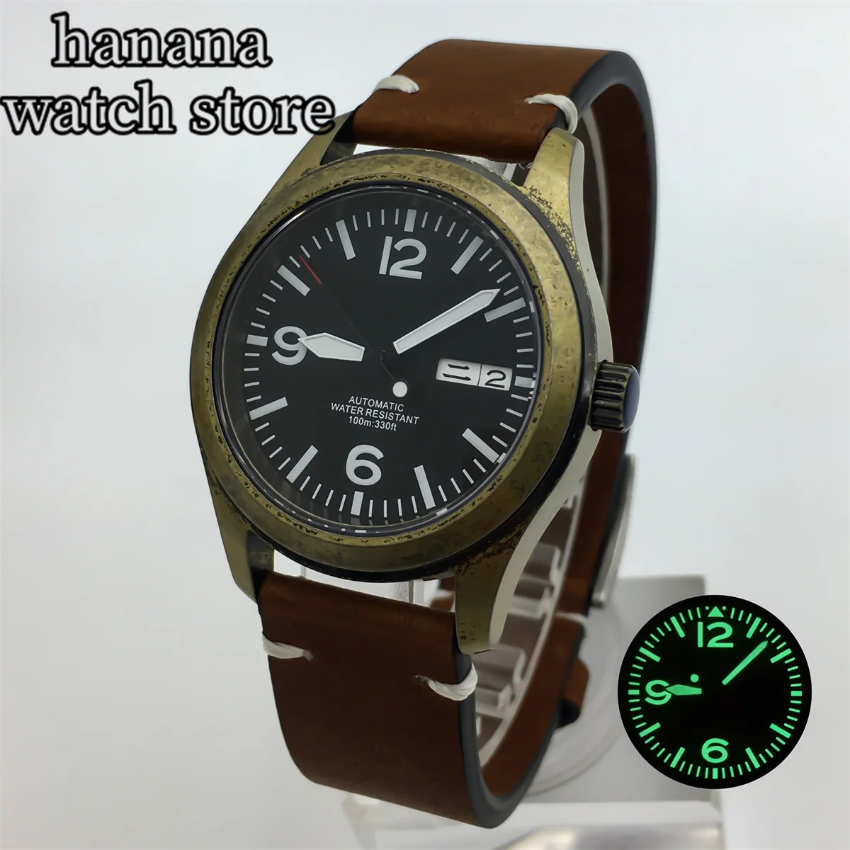 

36mm 39mm Men's Bronze Watch Sapphire glass NH35 NH36 Automatic movement 100m waterproof green glow-in-the-dark leather strap