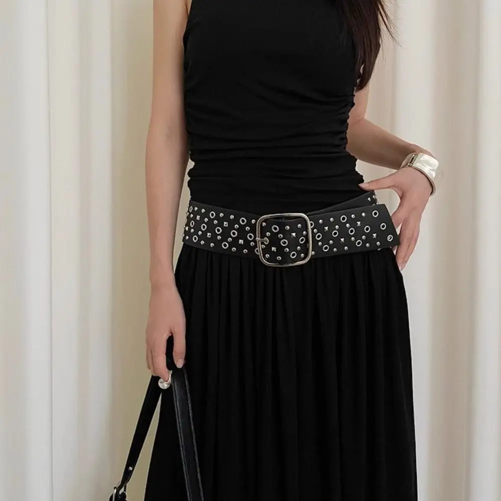 Retro Rivet Cowgirl Belt Harajuku Y2K Wide Waistband Aesthetic Korean Style PU Leather Belt Dress