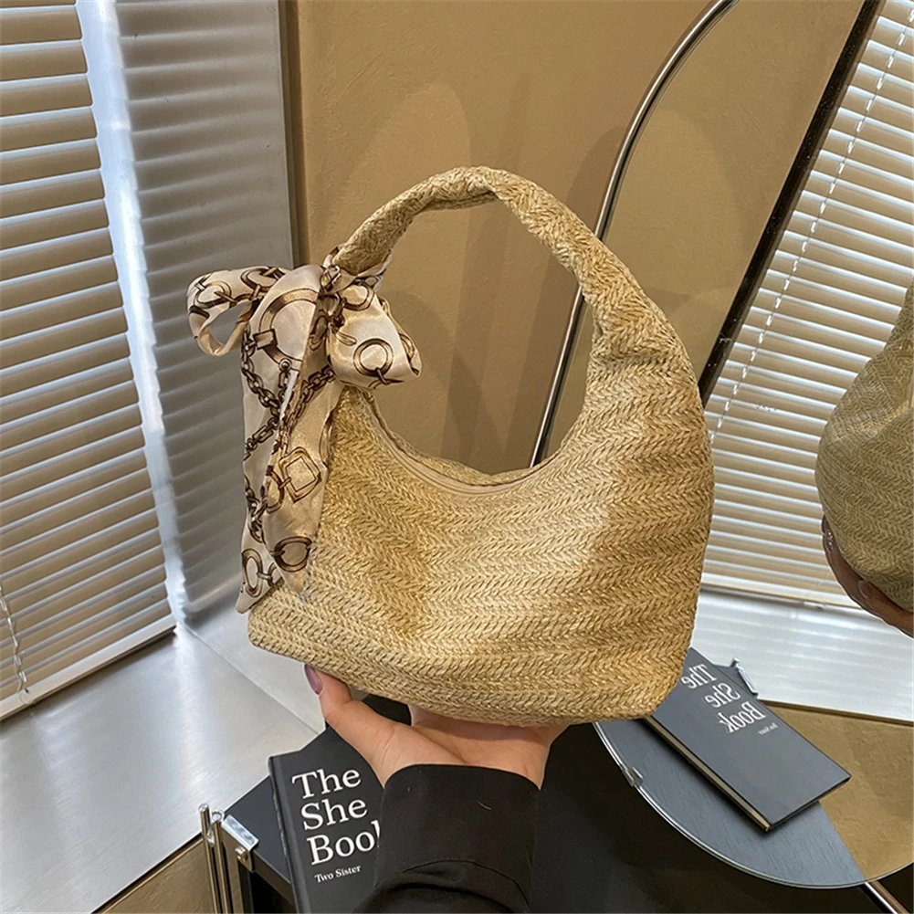 

Women Summer Beach Bag with Silk Scarf Woven Tote Bag Solid Color Straw Wrist Circle Bag Ladies Vacation Handbag