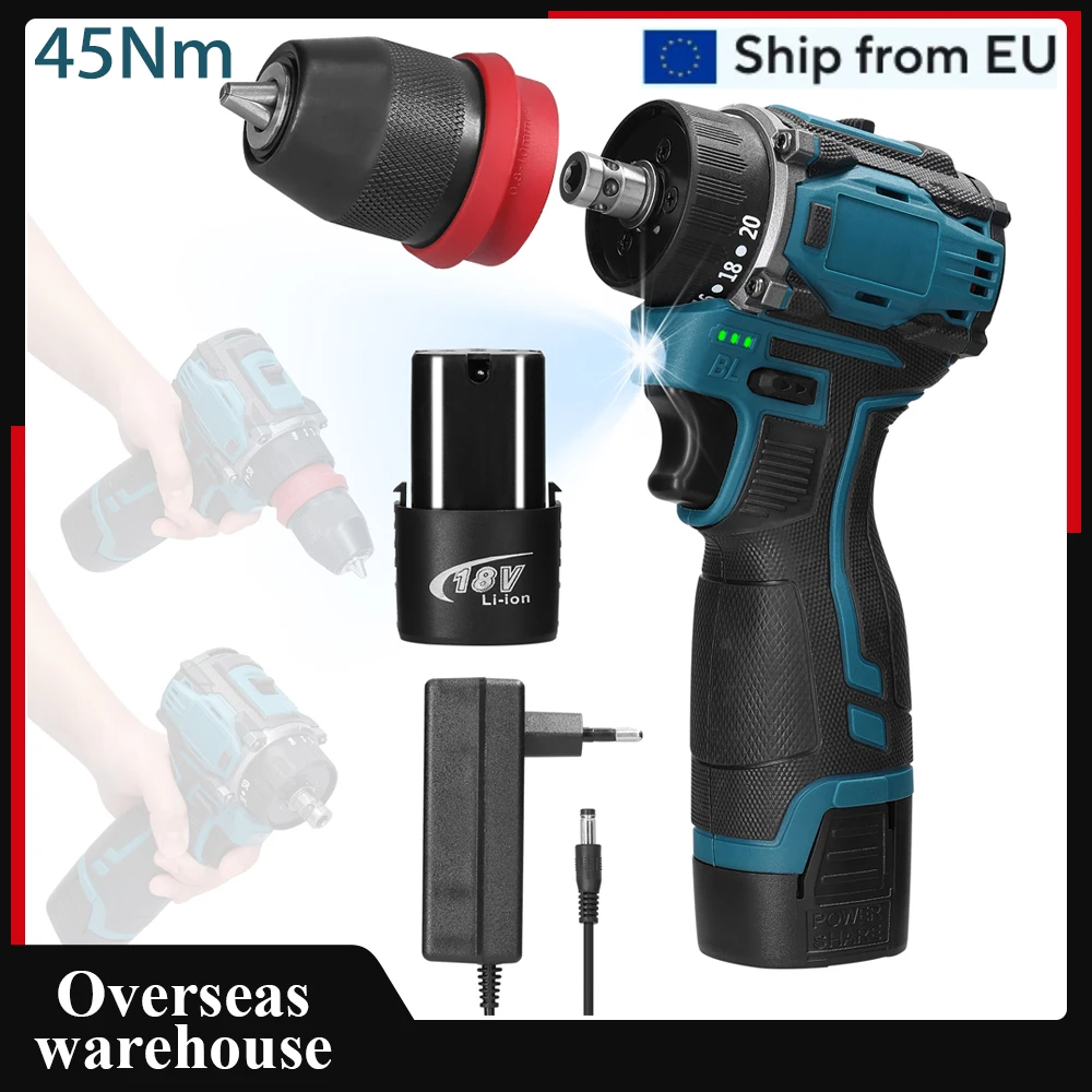 18V 2 in 1 Lithium Drill Electric Screwdriver Power Tool 45Nm Torque Brushless Motor Practical Screw Driver for Home Furniture