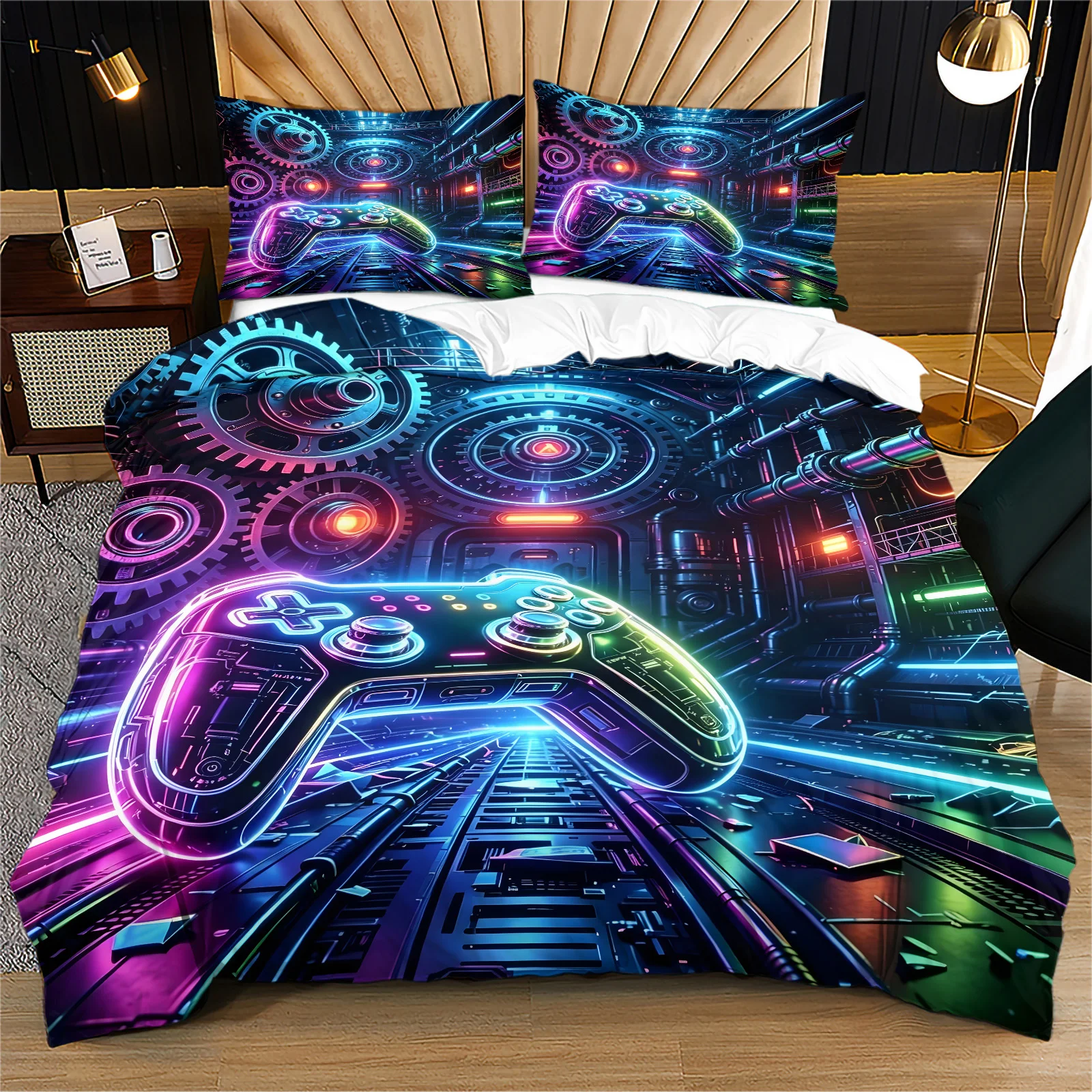 Neon Game Controller Duvet Cover Set Gamer Bedding Set Cyber Machinery Gear Video Game Quilt Cover with Pillowcase Bedroom Decor
