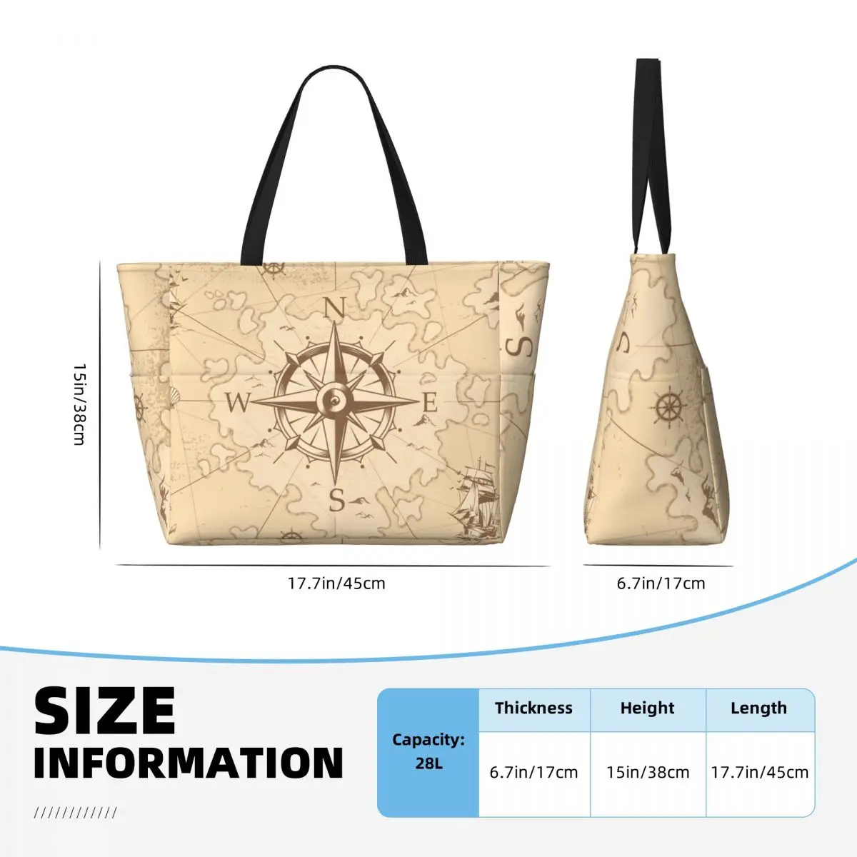 Borsa Tote da spiaggia con mappa dei pirati Vintage personalizzata per donna Extra Large Gym Carry On nautica Compass Sailor Travel Shopping Bags