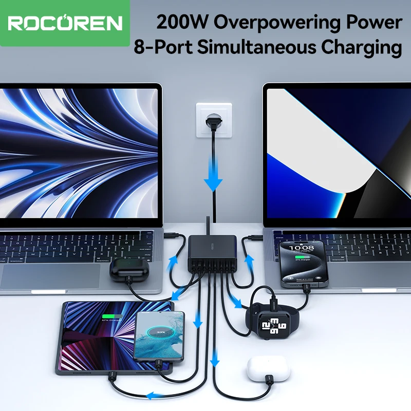 Rocoren 200W USB Type C Charger 8 in 1 USBC Desktop Charger PD QC Fast Charging Charger Quick 8 Ports Charge For iPhone 15 14 13