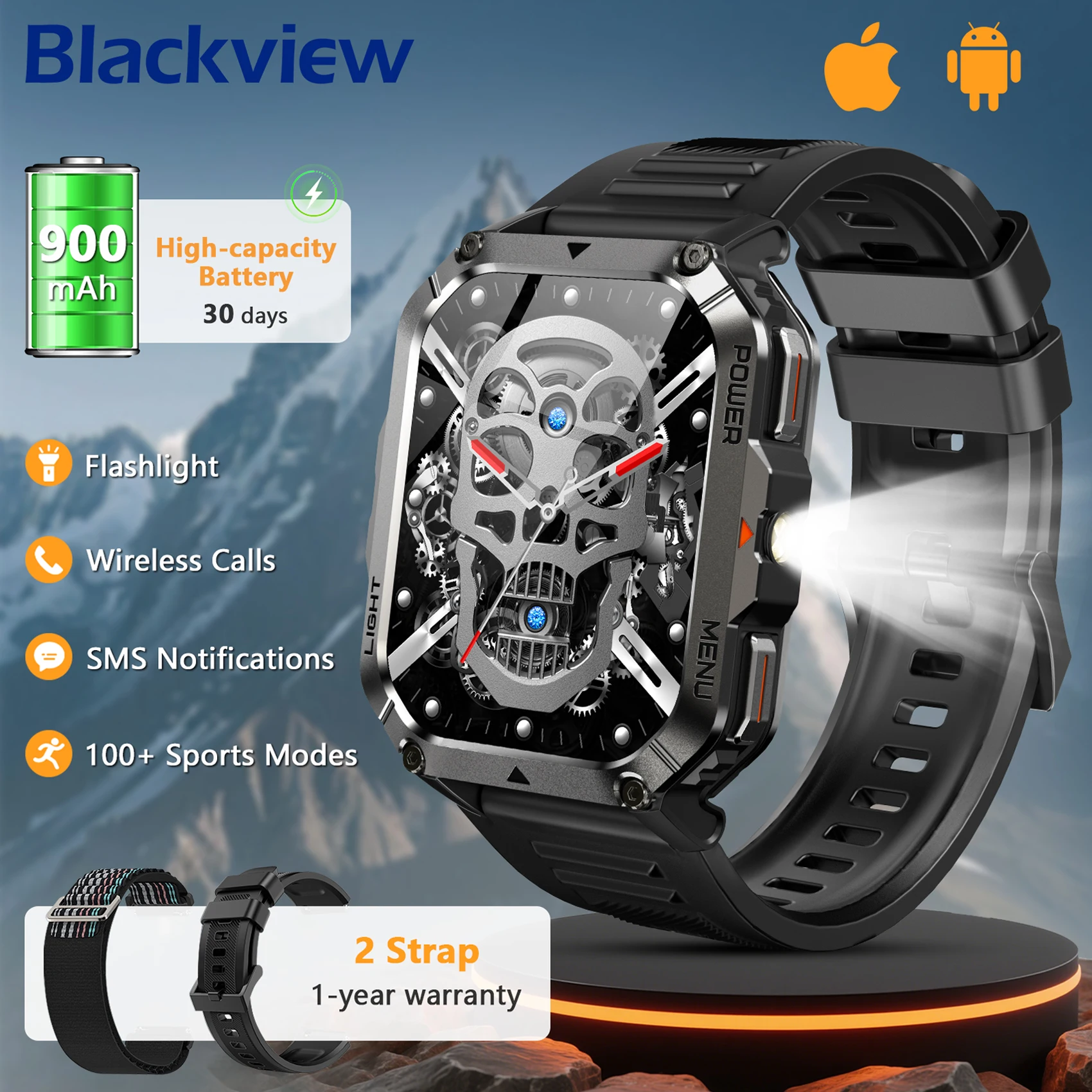 Blackview New W70 Pro Outdoor Smartwatch with Emergency Lighting Compass 900mAh 2.01'' TFT HD Screen Waterproof Women Men Watch