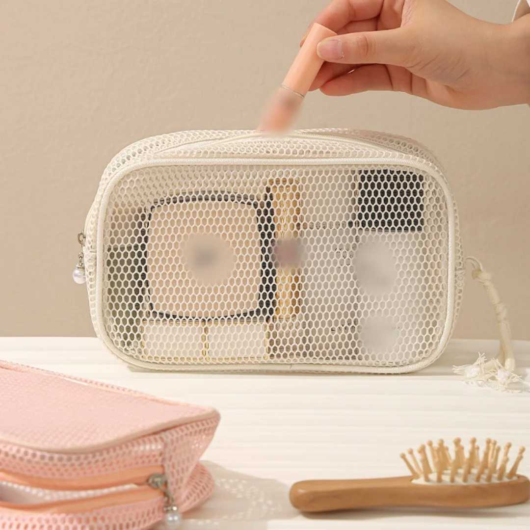 1PC Dopaminfarbene Aufbewahrungstasche, große Kapazität, atmungsaktive Mesh-Kosmetiktasche, leicht, mit Griff, Münzgeldbörse