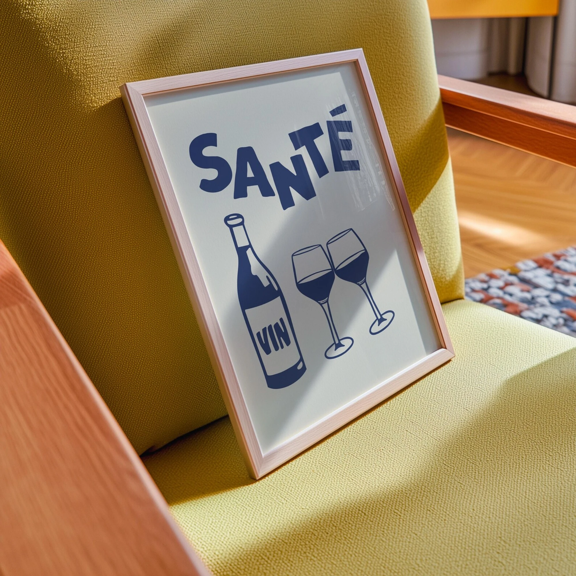 Blue Santé Retro French Wine Wall Art Print Canvas Painting Poster Picture For Bar Cart Living Room,Bedroom Home Decor