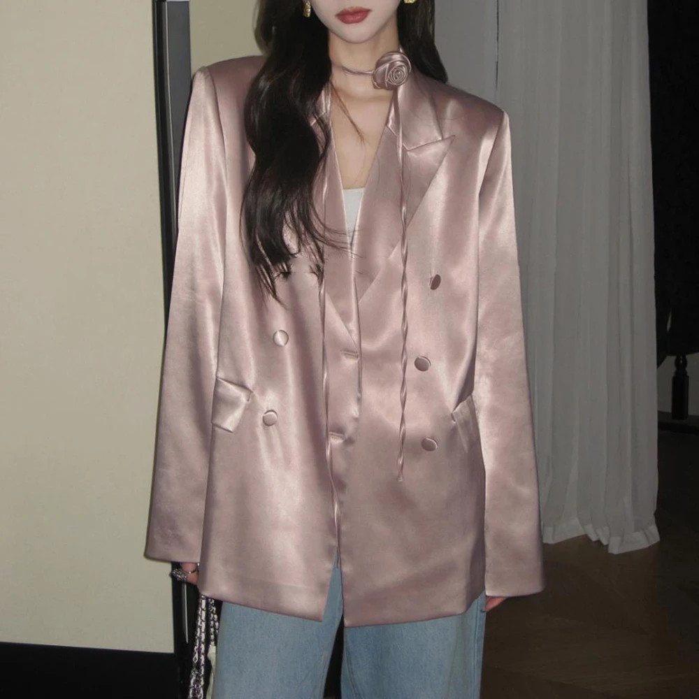 TWOTWINSTYLE 여성용 솔리드 스플라이스 단추 슬리밍 블레이저, 노치드 칼라, 긴팔, 세련된 블레이저, 여성 패션 스타일 의류