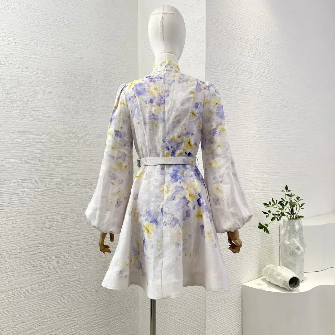 New Light Purple Violet Yellow Floral Print Pure Linen Long Sleeve Women Vintage High Quality White Mini Dress