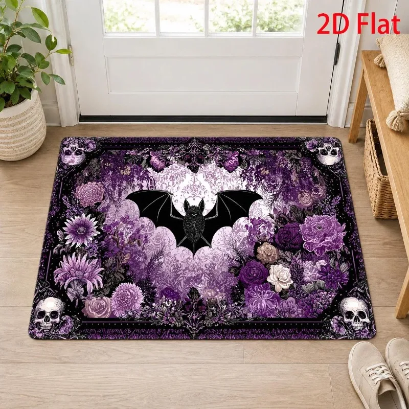 Gothic Bat Skull Purple Floral Halloween Doormat Dark Vintage Indoor Floor Rug Absorbent Entryway Carpet Area Mat for Home Decor
