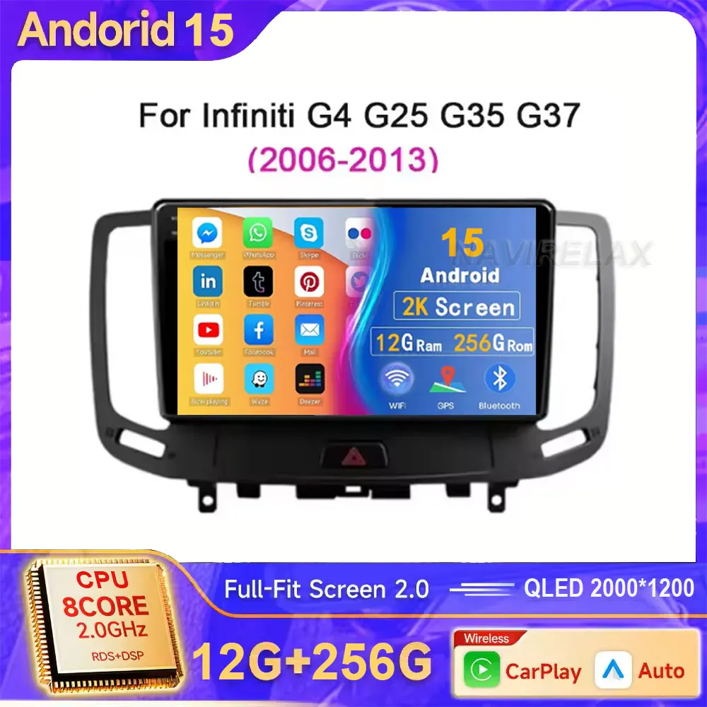 أندرويد 15 Carplay Auto 2K راديو السيارة BT مشغل وسائط متعددة لإنفينيتي G4 G25 G35 G37 2006 - 2013 2 din Autoradio ستيريو 4G WIFI