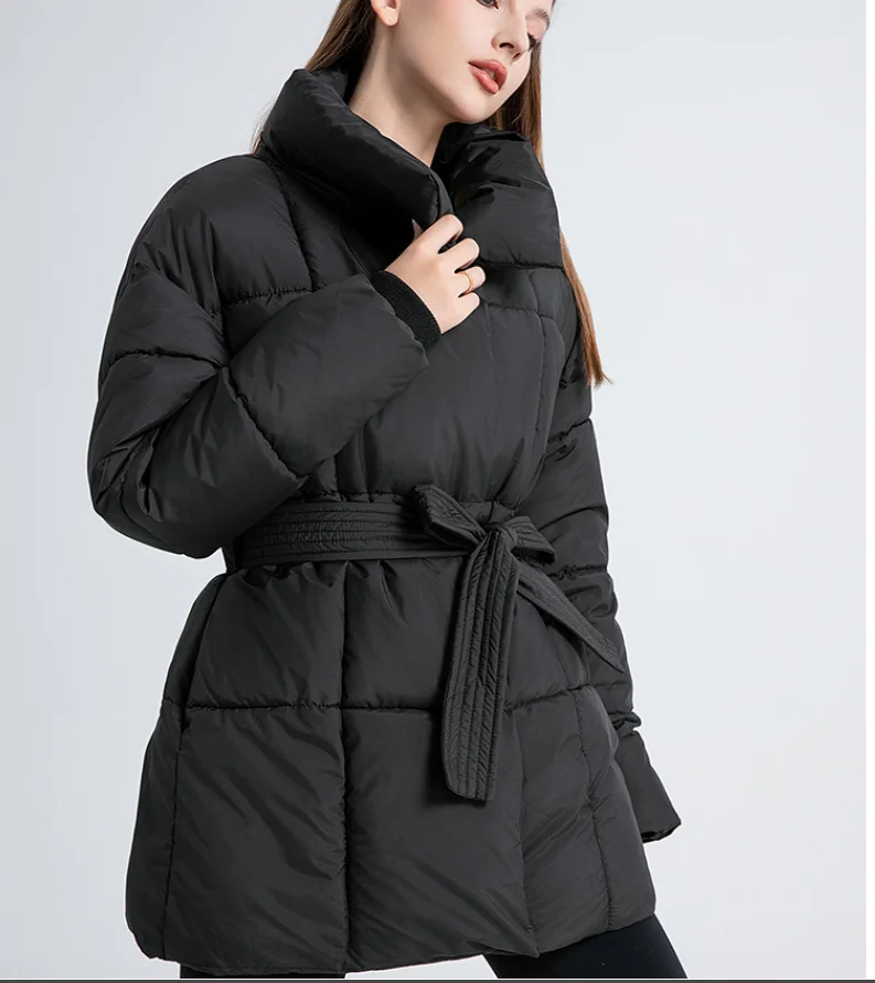 Advanced with Waist Cinching Tie Up Black Cotton Jacket Women's 2026 Winter New Korean Version Stand Collar Coat Female Parkas