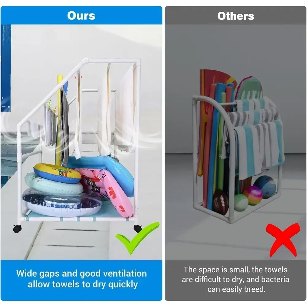 Outdoor Heavy-Duty PVC Pool Towel Rack with 7 Bars, 4 Lockable Wheels, and 4 Clips for Beach and Swimming Accessories