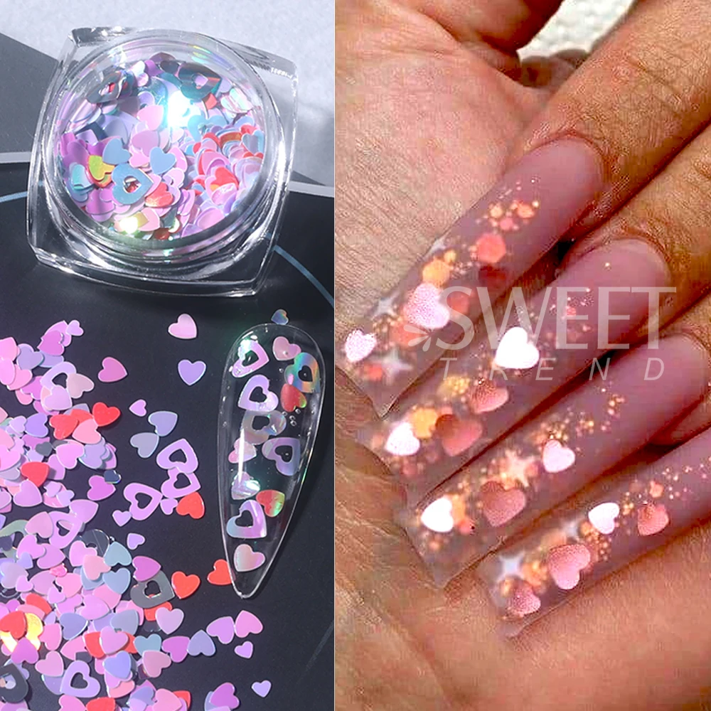 6/12 cajas de lentejuelas con purpurina rosa, mezcla de lentejuelas con forma de estrella y corazón para uñas, escamas holográficas, decoración de manicura para el Día de San Valentín