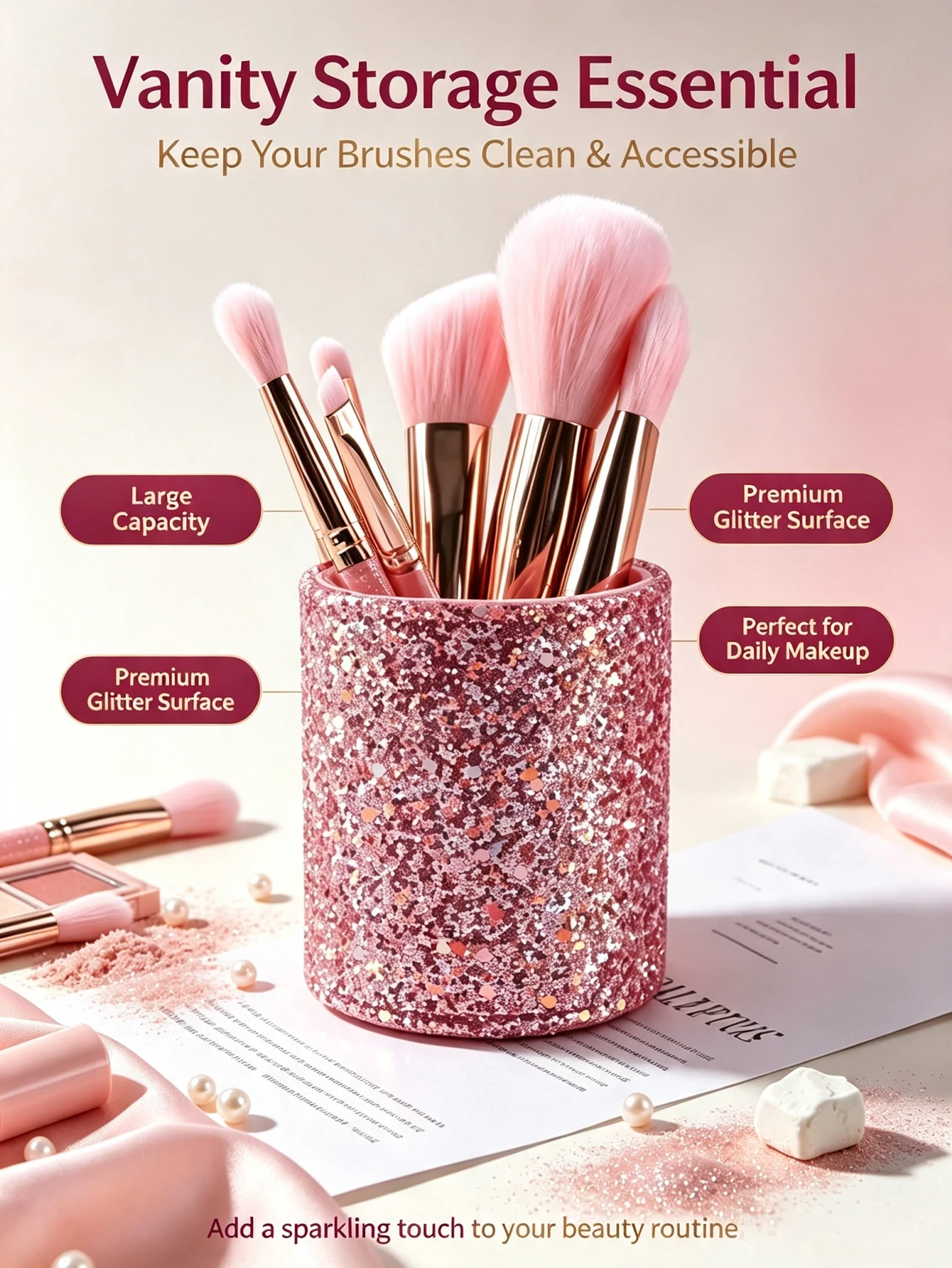 1 Pink Glitter Makeup Brush Storage Jar, a Decorative Storage Organizer for Cosmetics, Jewelry, and Perfume, Suitable for Aesthetic Dressing Table Decoration in Bathrooms, Desks, and Bedroom Shelves, an Ideal Birthday or Christmas Gift for Women, Moms, Teachers, and Friends