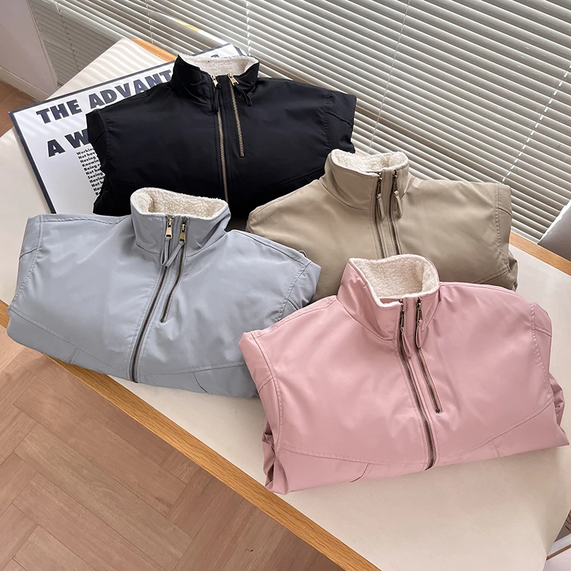 Faionable Girl's Design Colletto alla coreana Doppia cerniera Thiened Pelliccia di agnello sintetica Cotone Jaet ort Capispalla caldo lungo Sve