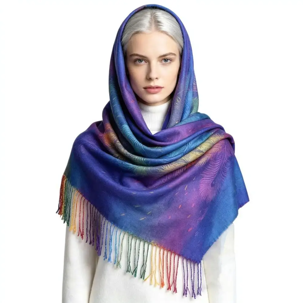 Winter Gradient Peacock Pattern Shawl Long Tassel Scarf Women Warm Soft Wrap Elegant Ethnic Style Fashion Pashmina