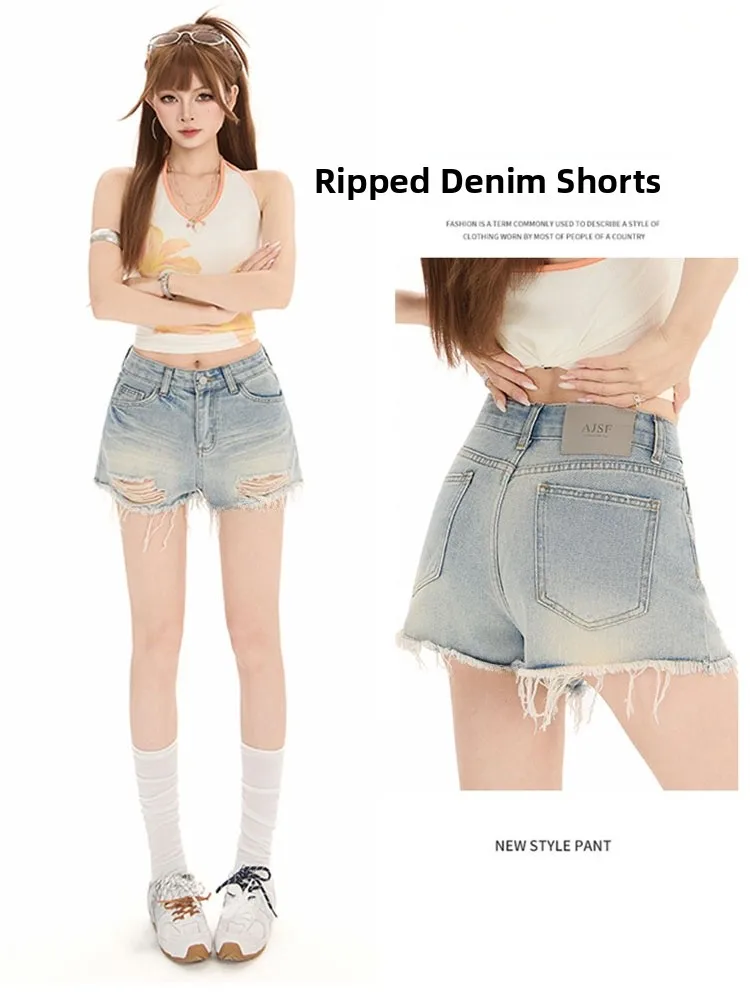 

Retro Light Blue High Waist Denim Shorts Women's Summer New Style Slimming Wide Leg Tassel A-Line Hot Pants Cotton Polyester ...