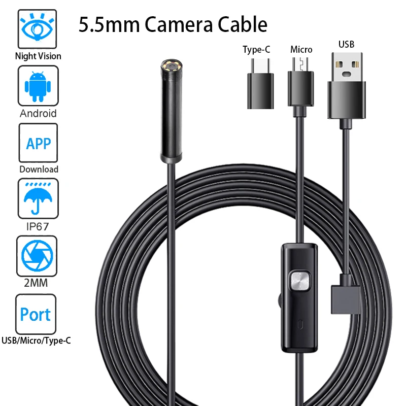 5.5mm Endoscope Camera 1080P HD USB Endoscope With 6 LED 1/2M Flexible Cable Waterproof Inspection Borescope for Android PC Phon