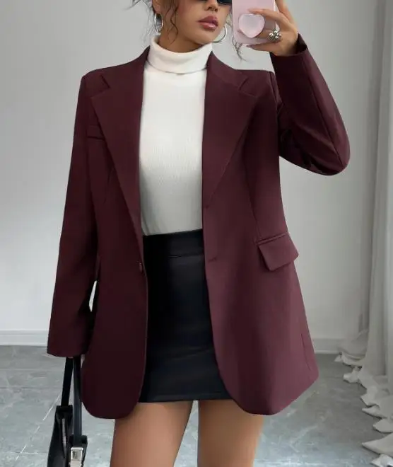 Professional Women's Suit Jacket In Spring with A Wine Red Temperament Elegant Lapel Slim Fit Suit Jacket Suitable for Work