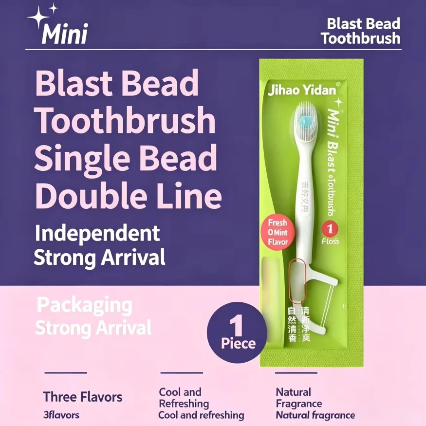 Individually Wrapped Burst Bead Toothbrush with Floss, No Water Water Saving Portable Toothbrush for Outdoor Trip