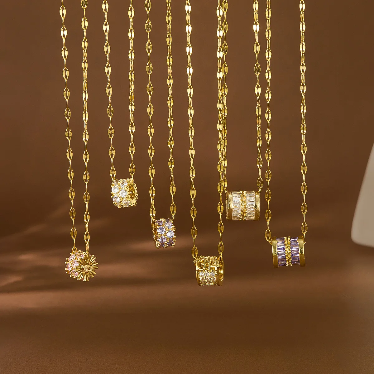 Lucky Cylinder Pendant Necklaces For Women Female Crystal Zircon Wedding Jewelry Ladies Stainless Steel Clavicle Chain Drop Ship