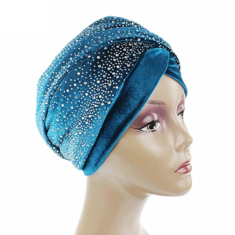 Women Velvet Muslim Wrapped Head Turban Scarf  Hat Long Tail Style Elegant Female Head Wraps Solid Color Party Turban Headwear