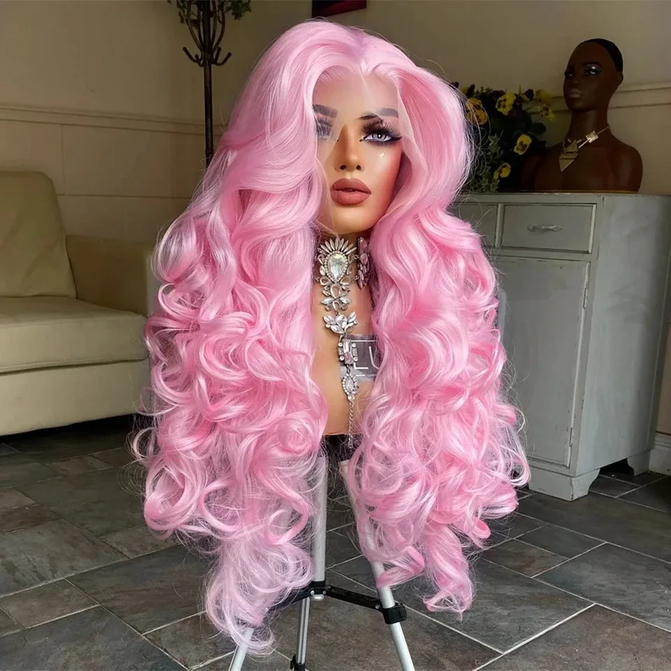 Pink Glueless Wigs Light Pink Synthetic Lace Front Wigs Pre Plucked Pre Cut Long Body Wave Wigs For Woman Free Part Cosplay Use