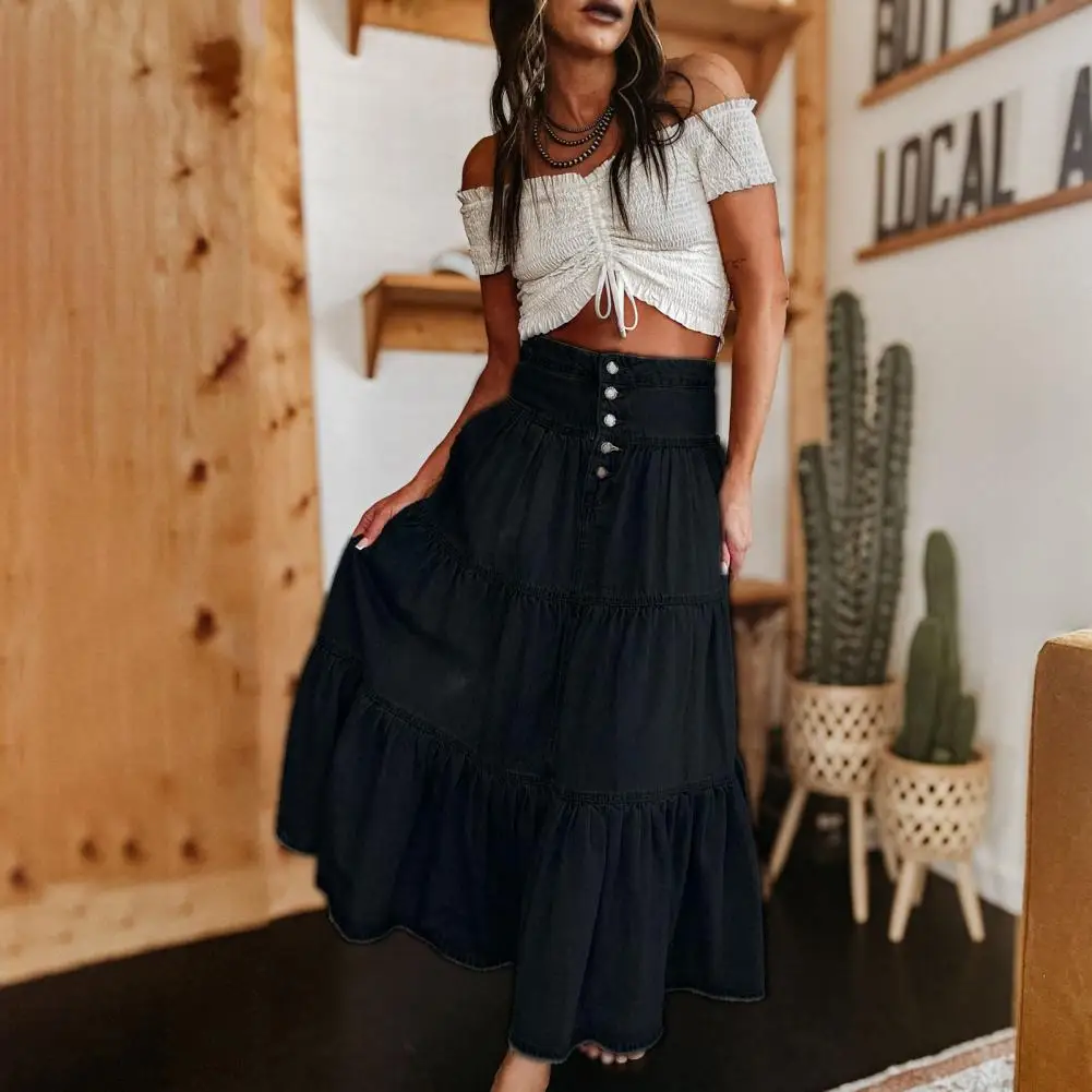 Denim Maxi Skirt 2026 Women Denim Skirt High Waist Buttons Fly Multi Layer Ruffle Stitching Long Skirt Bohemia Style Skirts
