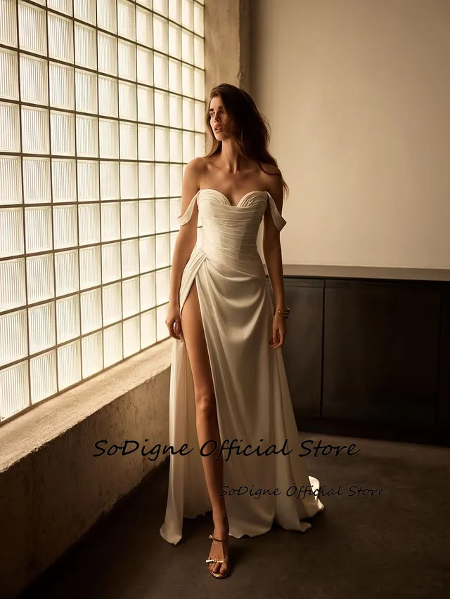 SoDigne A-line Simple Satin Wedding Dresses Off Shoulder Bridal Dress Split Long Women Wedding Gown Robe De Mairee Customized