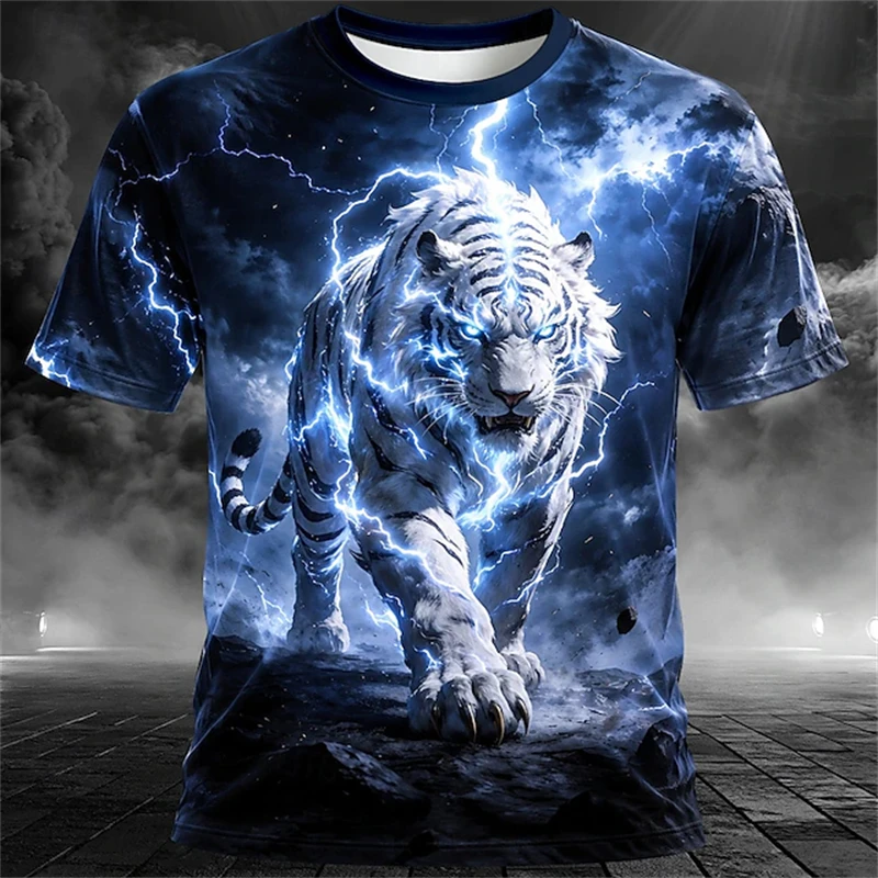Men's Summer Tiger-Print Round-Neck Fashion T-Shirt Unique Casual and Comfortable Short-Sleeve Outdoor Streetwear Top for Men