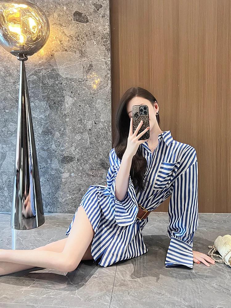

Женская свободная рубашка средней длины в синюю полоску в корейском стиле, модная повседневная рабочая одежда с воротником и пуговицами
