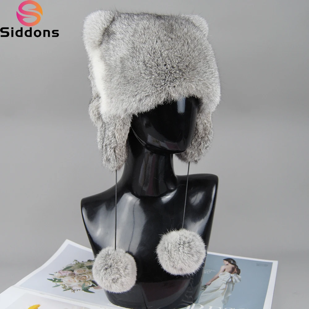 2024 New Fashion Brand Women Real Rabbit Fur Bomber Pom Pom Hats Winter Lady Warm Fluffy Rabbit Fur Hat Natural Rabbit Fur Caps