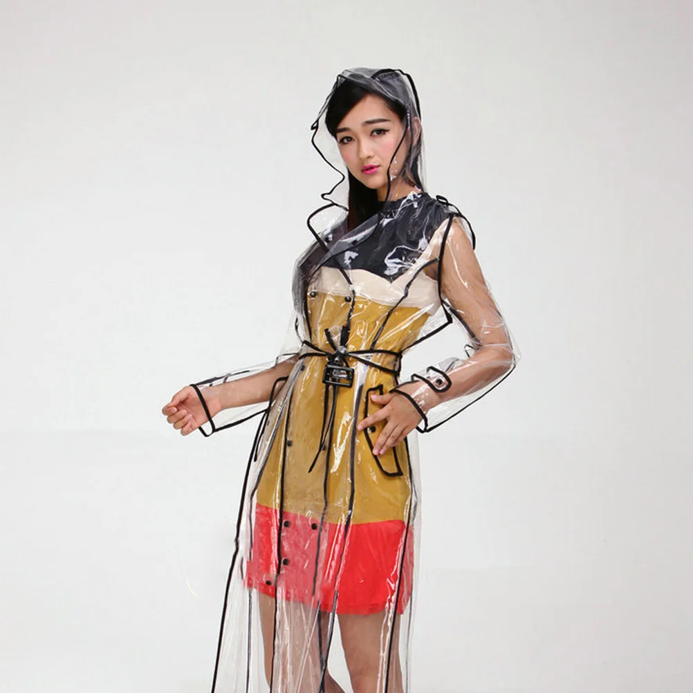 

Raincoat With Belt Transparent Eva Hooded Lightweight Mid-Long Black Slicker For Women Waterproof Windproof Packable