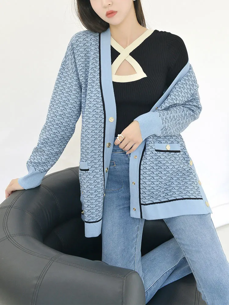 French Elegant Mid-Length Knitted Cardigan Women 23 Spring Autumn New Loose Contrast Color Jacquard V-Neck Striped Sweater Coat