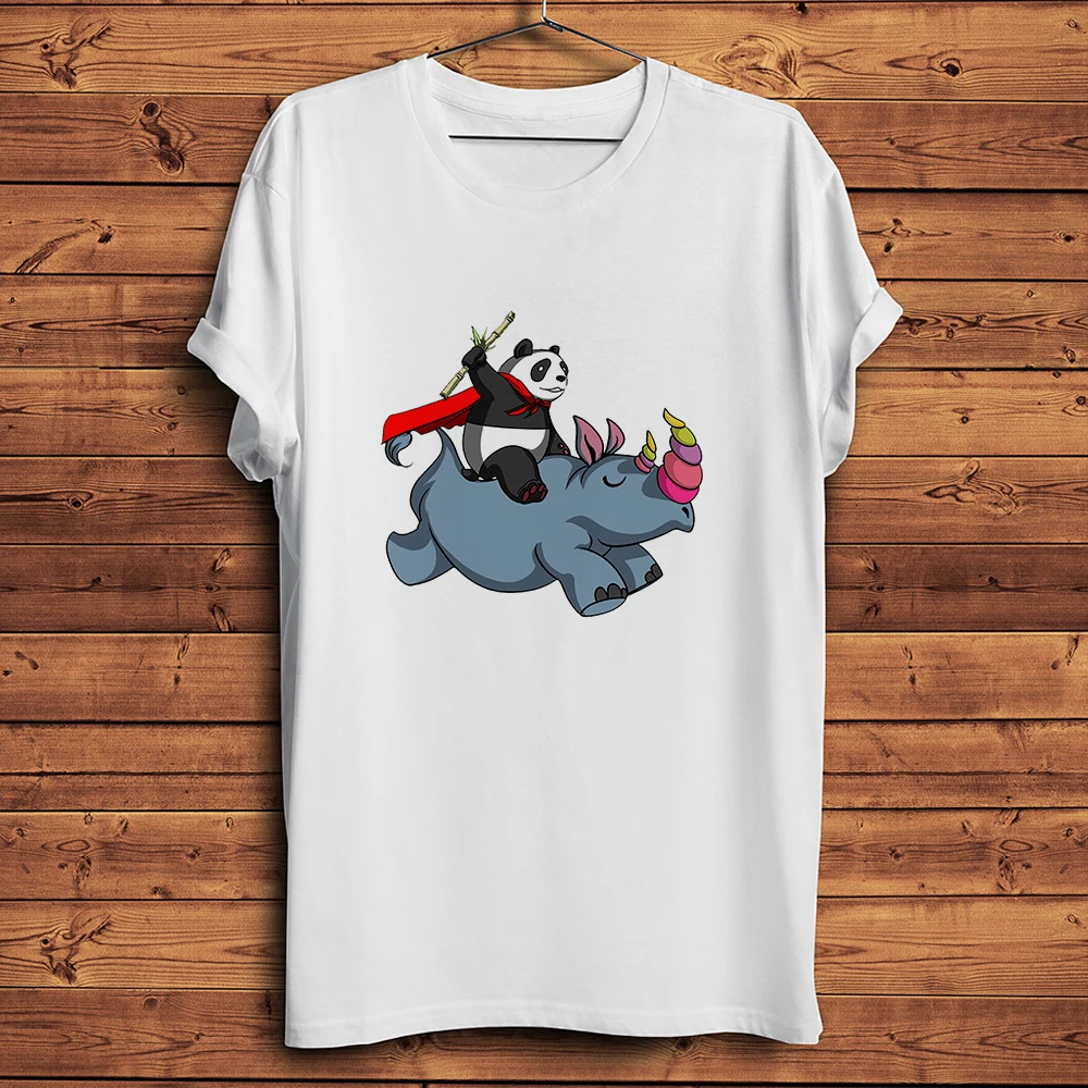 Chivalrous Panda Riding Unicorn Rhino Funny Tshirt,Men White Short Sleeve Casual Homme Cool T-Shirt,breathable Print,unisex Tee