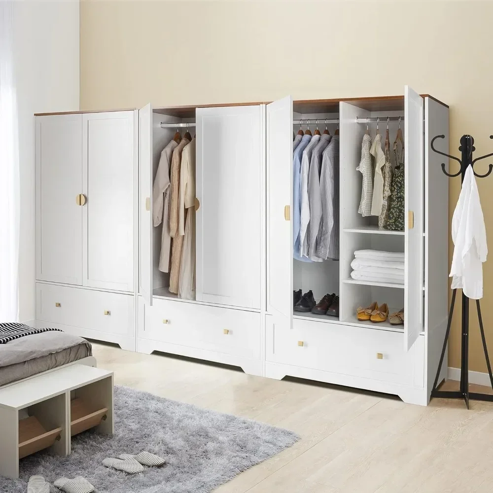 Wide Wardrobe Closet, White Armoire Wardrobe with Hanging Rod,Shelves and Drawer, Freestanding Closet Wardrobe Cabinet, Armoires