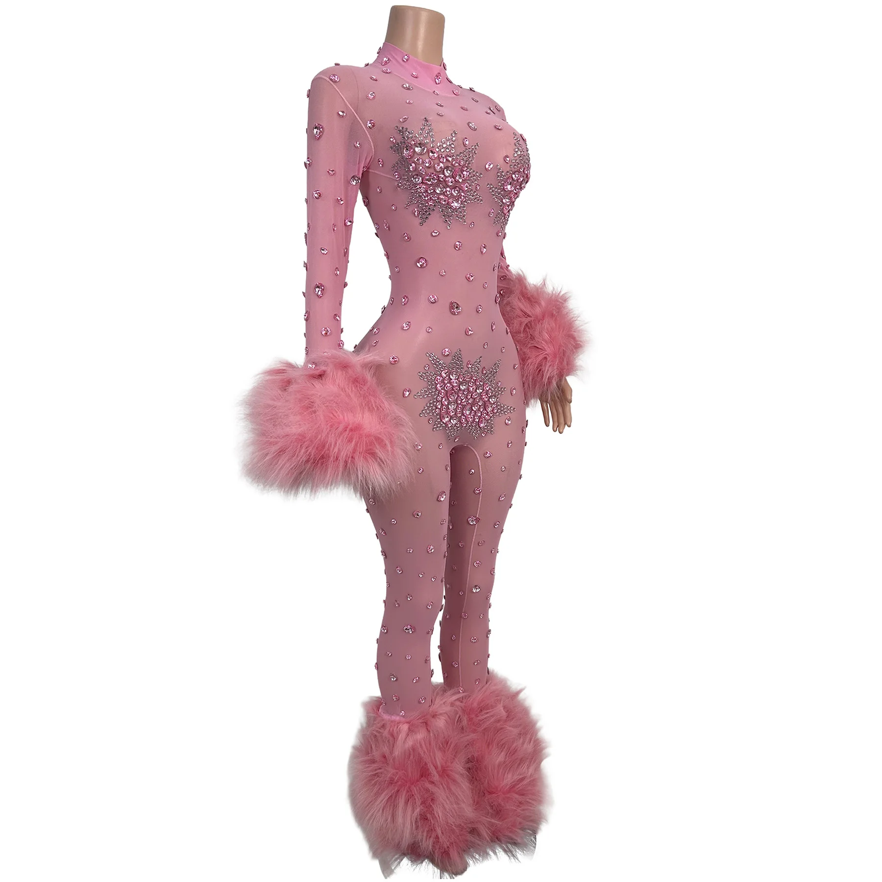 Guibinlianti Pink Mesh Rhinestone Embellished Jumpsuit Women Fluffy Fur Cuff Leg Trim Bodysuit Stage Costume Nightclub Outfit