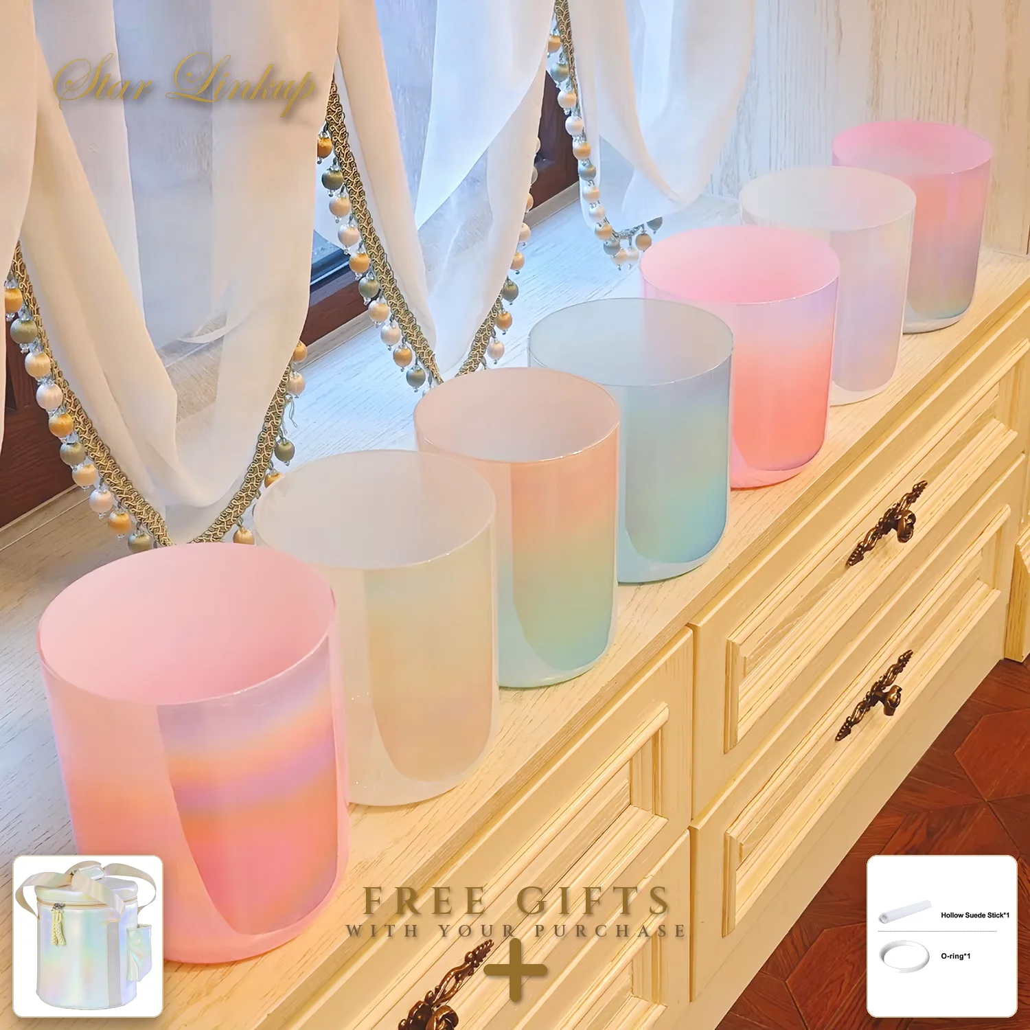Seven Chakra Alchemy Crystal Bowl Set Candy Peach Color Harmonious Tibetan Singing Bowls Made of 7 Metals for Healing And Medita