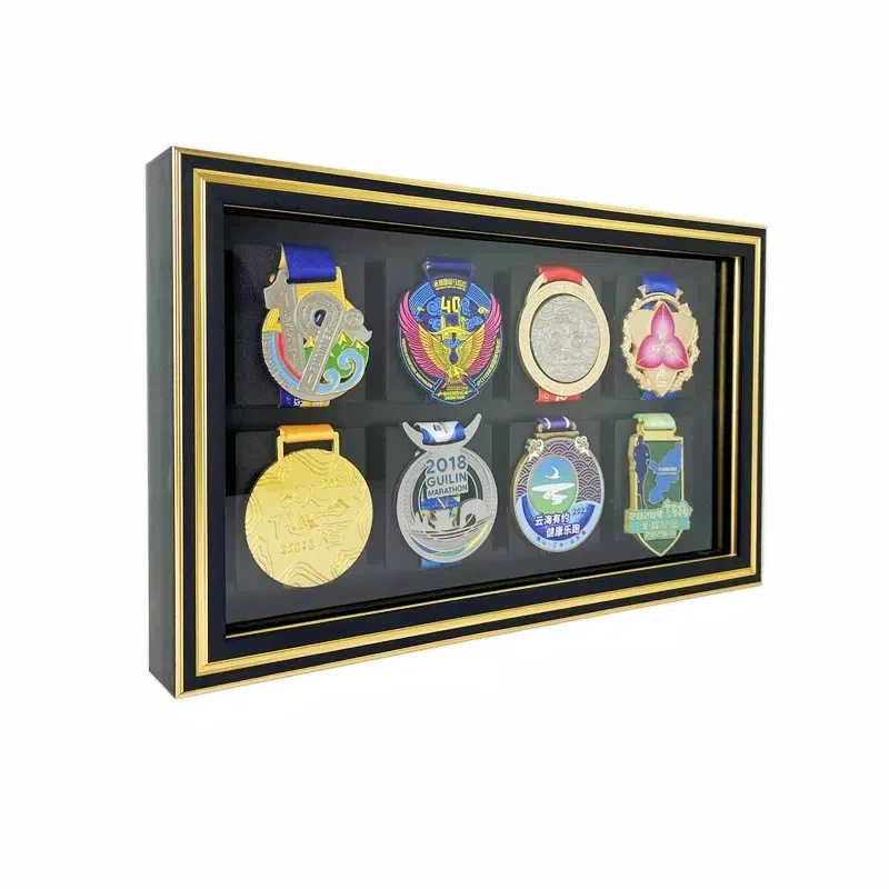 Black Golden Photo Picture for Marathon Medals, Display Sports Frame, Wall Storage Box, Art with Glass Frame