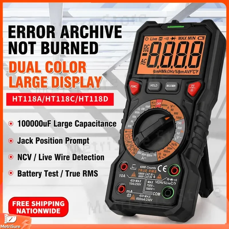 Digital Capacitance Meter Multimeter with Auto-Ranging LCD Display for Capacitor Testing Resistance Voltage Continuity
