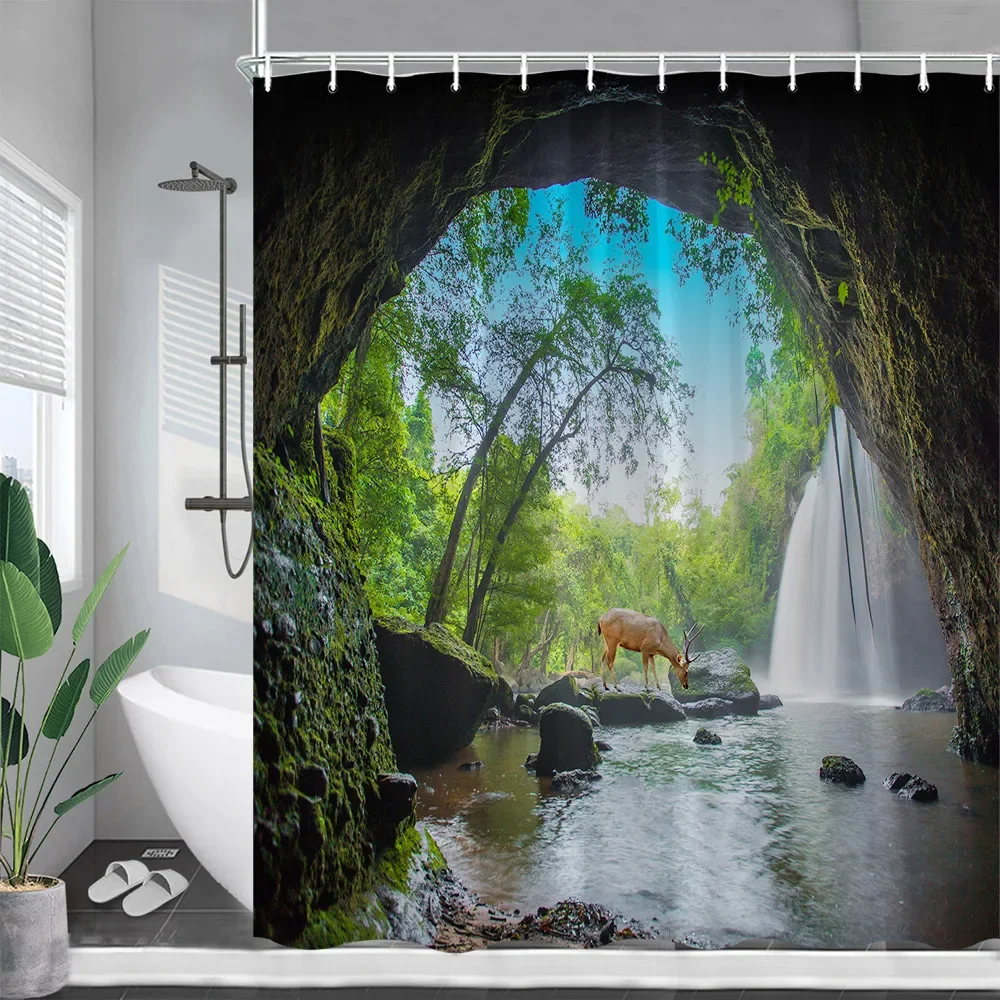 Forest Waterfall Shower Curtains Spring Green Trees Nature Landscape Bath Curtain Garden Wall Hanging Bathroom Decor with Hooks