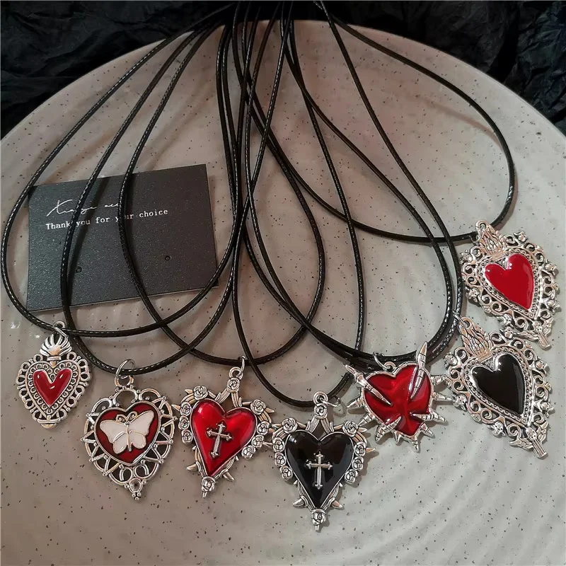 7Pcs Gothic necklace set with prickly cross and butterfly red and black imitation enamel heart pendant, vintage silver wire jewe