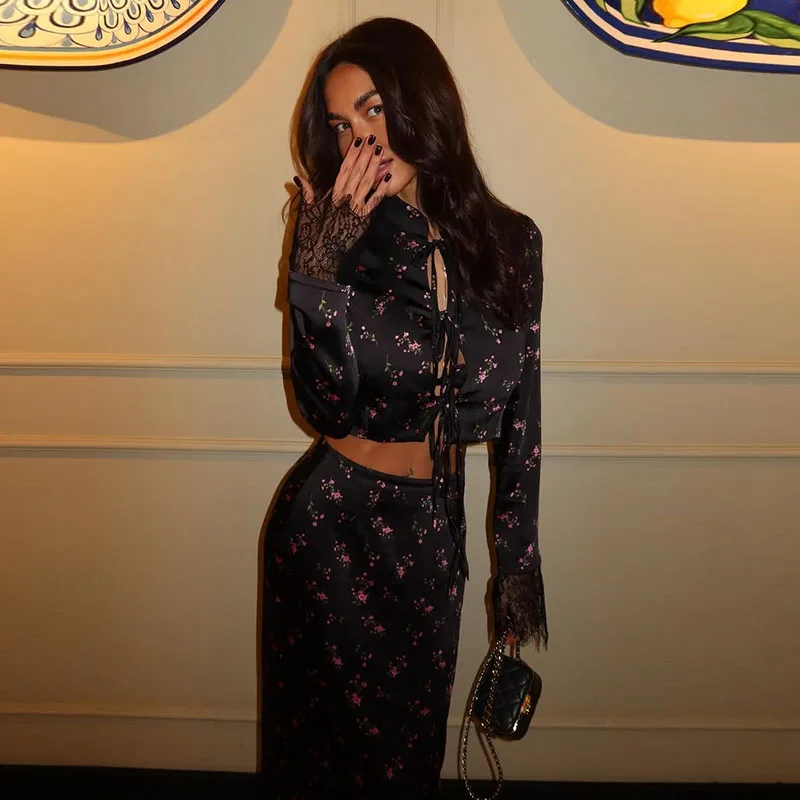 2 Piece Print Skirt Sets Women Elegant Lace Floral Lace-Up Long Sleeves Cardigan Sexy Long Skirt Female Satin Outfits view 2