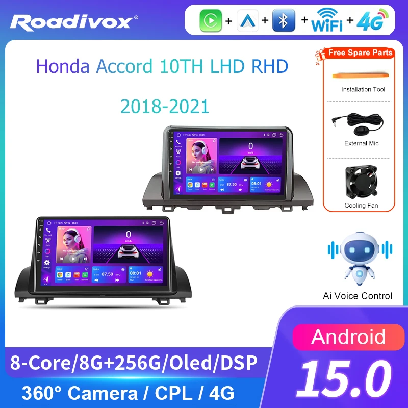AI VOICE roadivox Android car radio for Honda Accord 10TH LHD GPS Navigation video stereo screen Multimedia Player tape