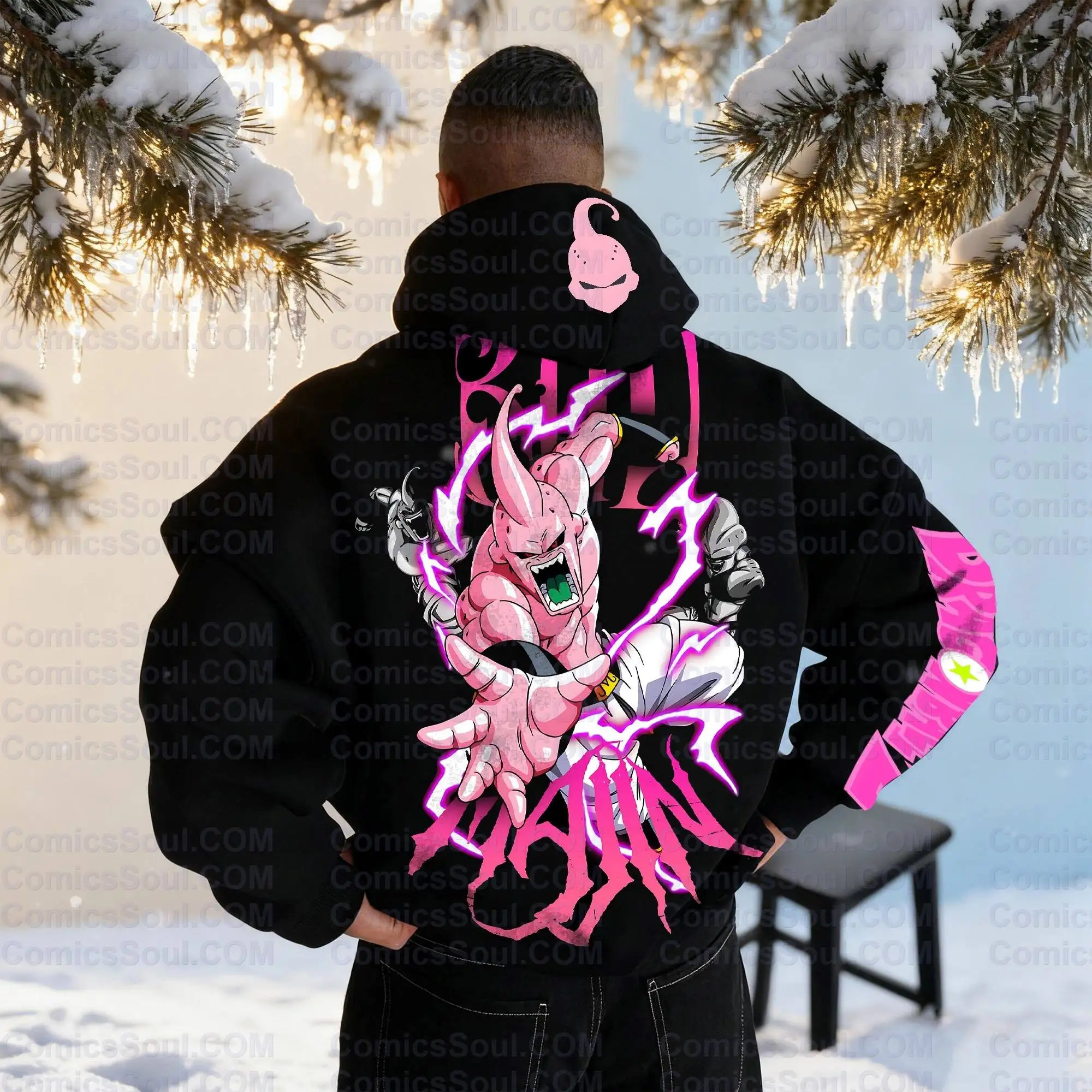 Dragon Ball Z Majin Buu Conjunto de sudadera con capucha negra Estampado de personajes de villano rosa Sudadera de algodón con efecto relámpago morado y escena de nieve
