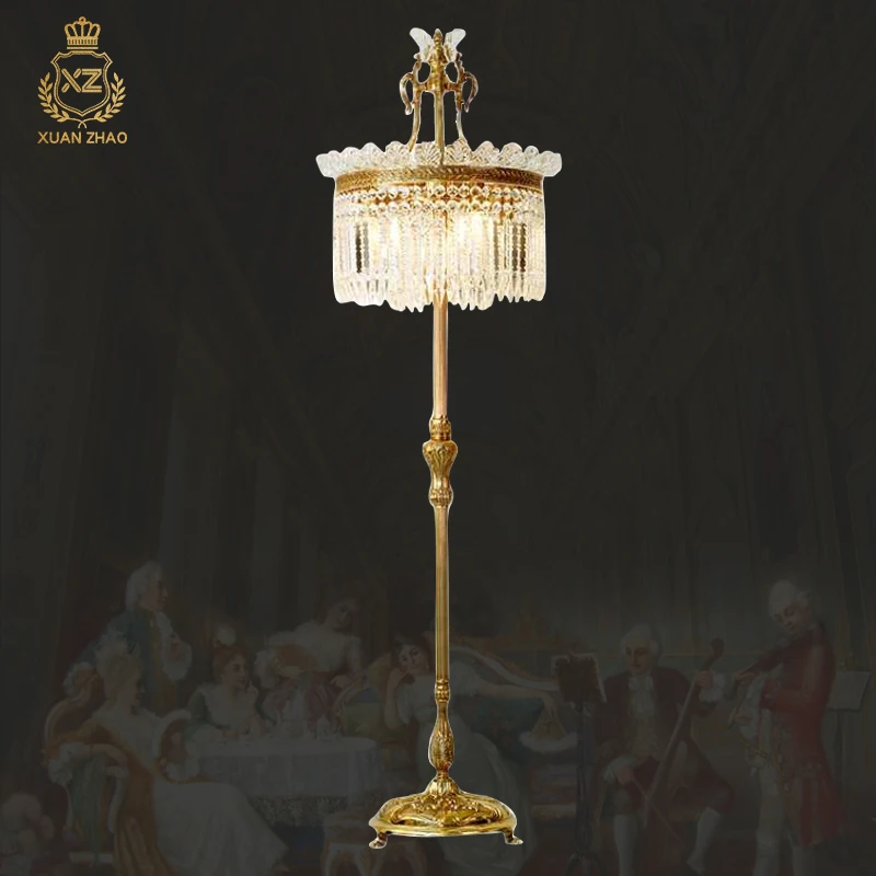 

French Luxury Duplex Living Room Brass K9 Crystal Floor Lamp European Elegant Hotel Wedding Decor Floor Stand Lighting